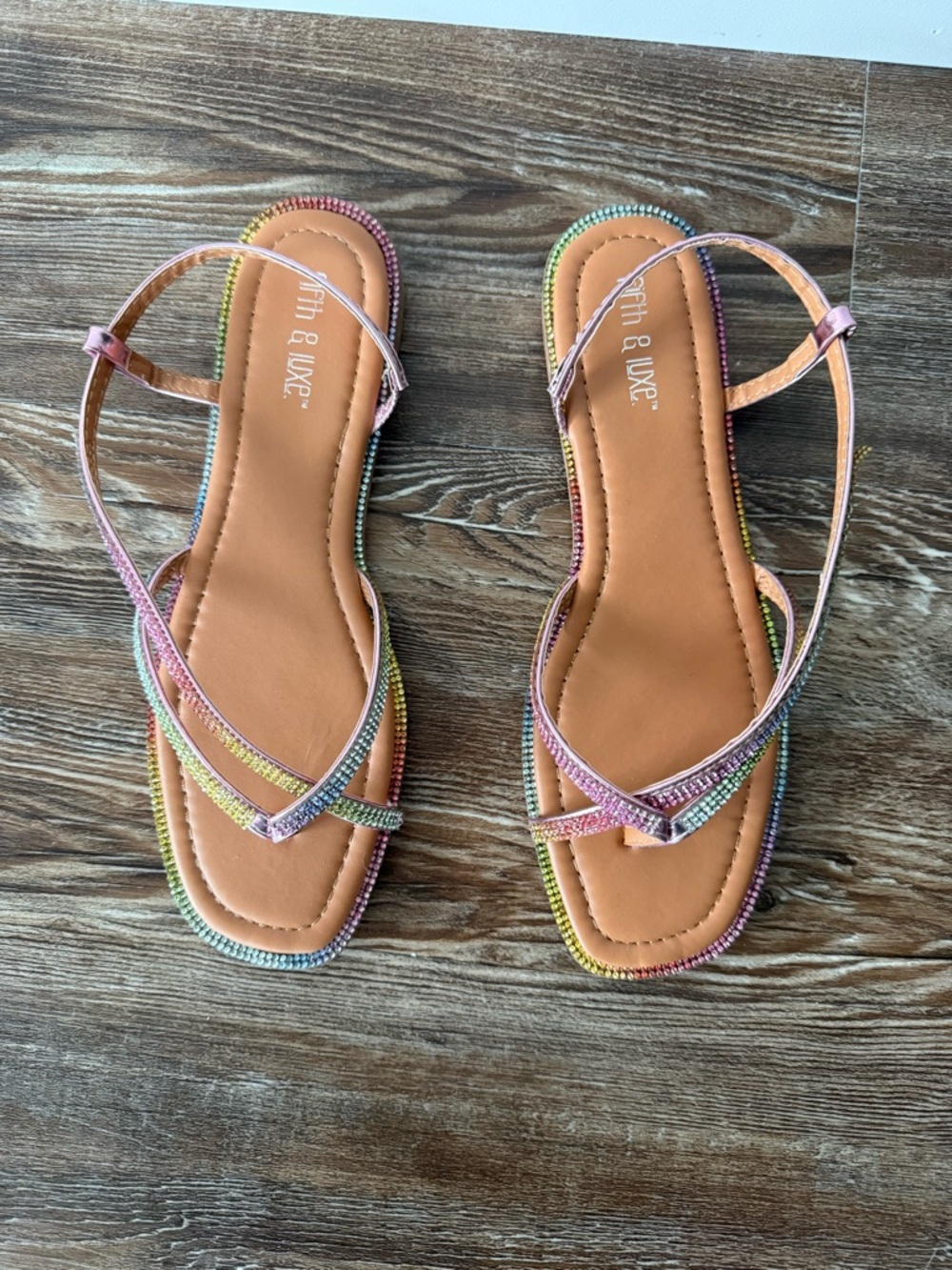 Fifth & Luxe Pastel Rainbow Rhinestone Strappy Flat Sandals